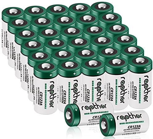 Rapthor 1650mAh CR123A 3V Lithium Battery CR123 / 123A / 123 / CR17345 with Built-in PTC for Flashlight Toys Smoke Sensor Alarm System Microphones (32Pack)