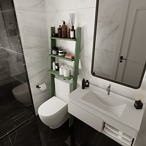 GENESIS WOODESIGN Over The Toilet Birch Wood Bathroom Organizer Shelves, 3-Tier Freestanding Above Toilet Storage Ladder Shelf, Standing Space Saver Behind Toilet Small Bathroom Organizer (Verde)