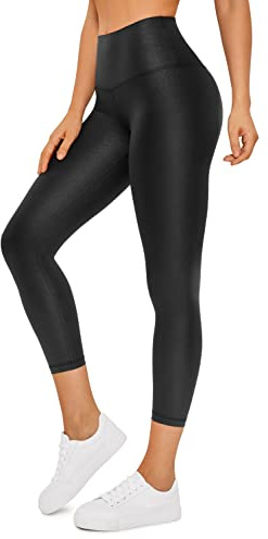 CRZ YOGA Butterluxe Matte Faux Leather Leggings for Women 23'' - High Waisted Buttery Soft Lounge Capri Faux Leather Black Classic Large