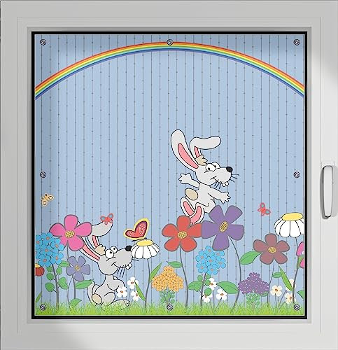 Wallario Lichtschutzbild, Dekorativer Sichtschutz Sonnenschutz 96 x 100 cm mit Motiv: Süße Hasen unter einem Regenbogen - Verdunklungsrollo ohne Bohren