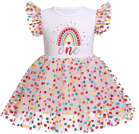 Baby M?dchen Boho Regenbogen 1. Geburtstag Outfit Partykleid Prinzessin T?t? T?ll A-Linie Baumwolle Sommerkleid Konfetti Gepunktet Festiches Festkleid Taufkleid Fotoshooting Bekleidung Bunt 1 Jahr