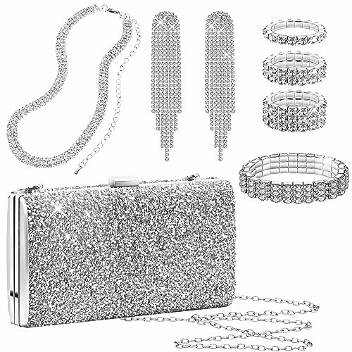 Kucheed 5 Pezzi Argento Borsa Della Frizione Parure di Gioielli da Donna, Pochette da Sera Glitterata Collana Girocollo con Strass Bracciale Orecchini con Frange Pendenti in Cristallo per la Festa
