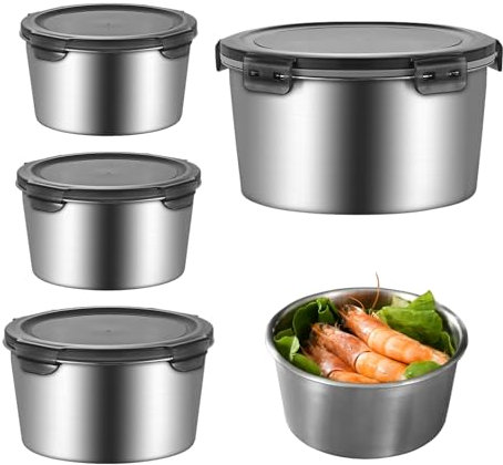Hyakoz 4 Stück Edelstahl Lebensmittelbehälter Gefrierdosen Lunchbox Frischhalteboxen Brotdose Metall Schüssel Mit Deckel Stapelbare Wiederverwendbare Meal Prep Dosen 350+600+1000+2000ml