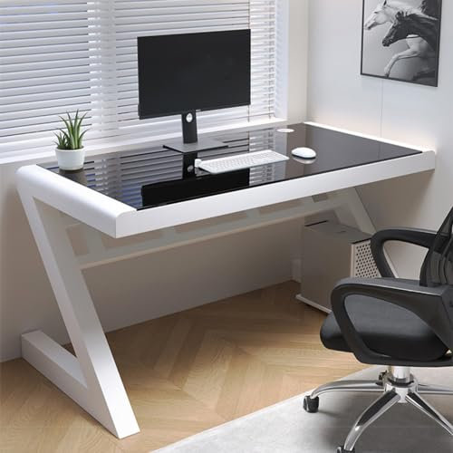 UDaca Scrivania per Computer in Vetro temperato Scrivania Moderna per Ufficio Domestico Scrivania da Gioco PC Laptop Tavolo da Studio Stazione di Lavoro per Ufficio Domestico (47 Pollici, Bianco e
