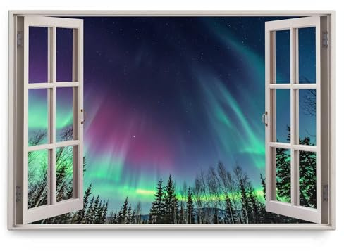 Paul Sinus Wandbild 120x80cm Fensterbild Polarlichter Astrofotografie Nachthimmel Tannen