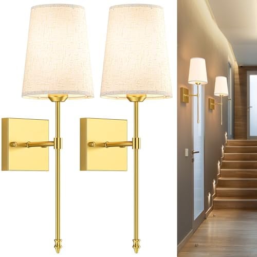 MOITA Battery Operated Wall Lights Set of 2, Rechargeable Wall Sconces, Gold Wall Lamp with Remote 3 Color Temperature Dimmable Battery Powered Non Hardwired Wall Light for Bedroom Living Room