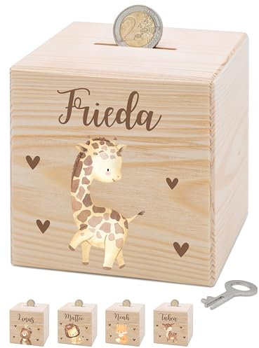 Bärenfreunde® - Personalisierte Spardose Kinder aus Holz mit Metallschloss - Spardose mit Namen mit kinderfreundlichem UV-Druck zum Sparen für Kinderträume (Giraffe)