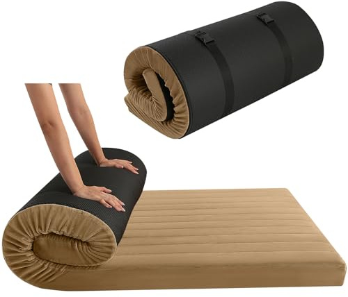 MeMoreCool Roll Up Floor Mattress Double 190x135cm, Brown | High Density Foam Foldable Futon Mattress with Travel Bag, Washable Cover, Portable Floor Guest Bed for Travel, Car Tent