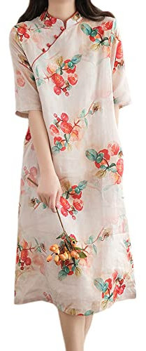 Robe traditionnelle chinoise pour femme - Col montant - Motif floral - Qipao - Coton et lin - Manches courtes - Robe ethnique Cheongsam, beige, XL