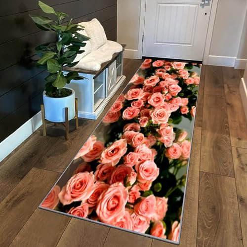 Siunwdiy Tapis Couloir Rose Rose 40x120cm Motif Floral 3D Tapis De Couloir Long Antiderapant,Tapis Cuisine Devant Evier Tapis De Cuisine Lavable Tapis D Entree Interieur Tapis De Passage