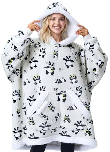 Giggling Getup Tragbare Decken Hoodie für Frauen und Männer, Übergrößer Flanel Sherpa Fleece Sweatshirt Decke mit Ärmeln, Warmer komfortabele Decke Geburtstagsgeschenke für Erwachsene Panda