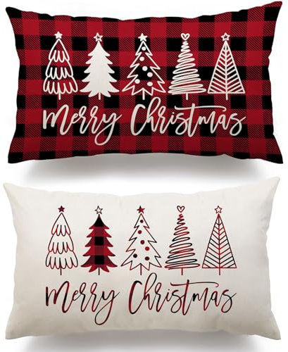 Giggleye 2 Stück Weihnachten Kissenbezug, 30x50 cm Weihnachtsbaum Leinen Kissenhüllen, Weihnachtskissenbezug, Zierkissenbezüge Weihnachten Deko für Sofa Schlafzimmer Wohnzimmer Couch (Rot)