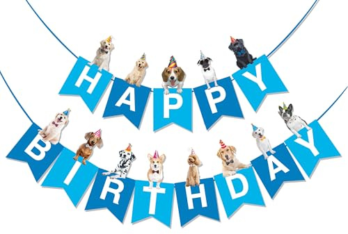 BRUBAKER Happy Birthday Geburtstagsgirlande mit Hunden - Geburtstag Deko Wimpelkette - Tier Party Banner Dekoration - Geburtstagsdeko Girlande für Geburtstagstisch und Geburtstagsfeier - Blau