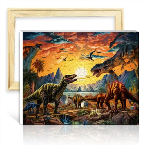 LiHEQING Malen nach Zahlen-Set, Dinosaurierwelt, Ölgemälde zum Selbermachen mit Pinseln und Acrylbild als Dekoration für Zuhause, selbst gestalteter Rahmen (30 x 40 cm)