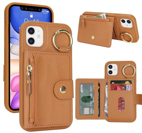 SailorTech Phone Case with Keychain Ring Credit Card Holder for iPhone 11, Wallet Leather Case with Kickstand Credit Card Slots Fashionable Case for iPhone 11 - Brown