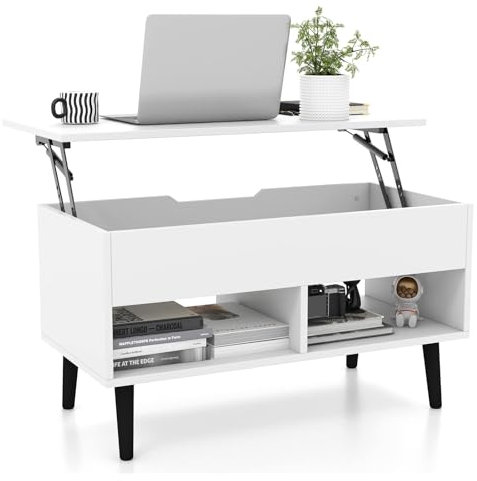 FANTASK Couchtisch höhenverstellbar, Sofatisch mit anhebbarer Tischplatte & 2 offenen Regalen, ausziehbarer Wohnzimmertisch Kafeetisch aus Holz für Wohnzimmer, Büro, 80 x 40 x 44,5-58cm (Weiß)