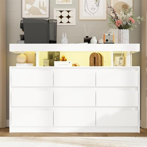 DAWNSPACES Kommode mit LED-Beleuchtung,Sideboard mit Shubladen+Arbeitsplatte,Kommodeschrank mit 9 Schubladen,Buffetschrank,weiß,120x38,8x82,3cm