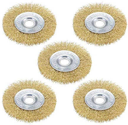 SANTUO 5Pcs 4-Inch Wire Brush for Drill Brass Wire Brush Crimped Steel with 5/8-Inch Arbor Hole Brass Coated Wire Brush Wheel Cup Brush Set for Cleaning Rust Removal Polishing Deburring Paint Removal