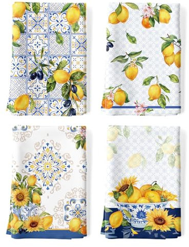 Arquiel Lot de 4 Torchons de Cuisine Citron D'été Décoratif Essuie Main Absorbante 100% Coton Torchon Vaisselle Saisonnier Cadeaux pour Crémaillère et Cuisine 48 cm x 70 cm