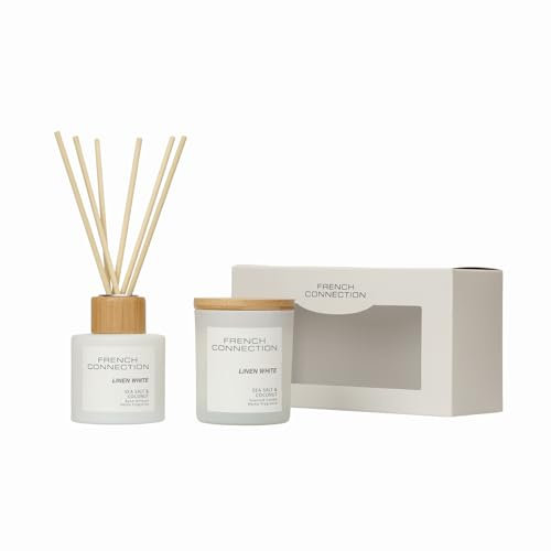 French Connection Pastel Collection Scented Reed Diffuser & Candle Gift Set | Luxury Home Fragrance | (Set-100ML & 141G, Sea Salt & Coconut)