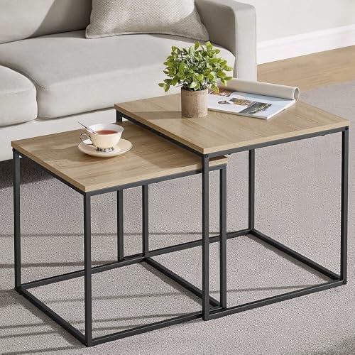 Home Collective Couchtisch 2er Set Quadratisch Beistelltisch Loft Design 2 in 1 Verschachtelung Kratzfeste Oberfläche, Wohnzimmer | 50cm und 45cm Breit Sonoma Eiche mit schwarzen Beinen