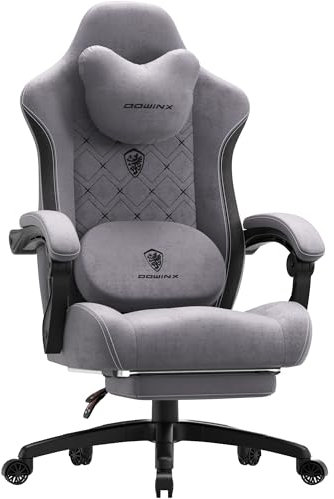 Dowinx Fabric Gaming Chair with Heated Massage Lumbar Support, Breathable Fabric Big and Tall Gaming Chair with Footrest and Pocket Spring Cushion, High Back Computer Gamer Chair for Adult,Gray