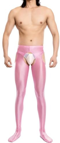 YUDATPG Men Glossy Seamless Translucent Pantyhose Open Crotch Pink L
