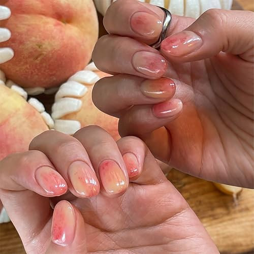 Short Square False Nails with Glue - Ombre Press on Nails Summer - 24pcs Peach Pink Yellow Fake nails - Strong Stick on Nails for Women - Glue on nails Full Cover Long Lasting DIY Manicure