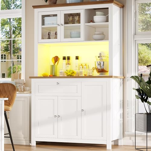 Lahoomu Küchenschrank(104×40×180cm), Hochschrank Küchenbuffet, Vitrinenschrank, Buffetschrank mit Verstellbaren Ablagen, Sideboard mit LED-Beleuchtung, Variable Lichtfarben, Weiß