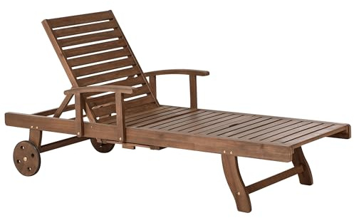 Beliani Acacia Wood Garden Sun Lounger Reclining with Wheels Classic Design Dark Brown Amantea