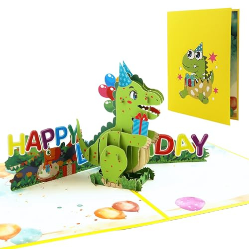 DORAFIORA® 3D Geburtstagskarte Dinosaurier – Pop-Up Karte für Kinder | Happy Birthday Grußkarte für Junge & Mädchen | Lustige Geschenkidee inkl. Umschlag