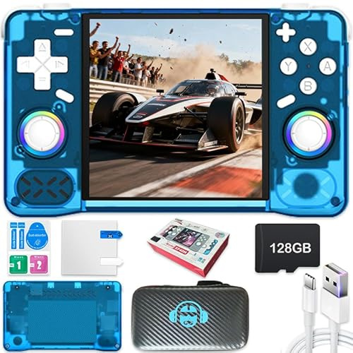Nuova console di gioco portatile XF40H, 128 GB di memoria interna con 22.000 giochi, batteria da 4000 mAh, sistema Linux, schermo IPS da 4 pollici e custodia (blu, 128 G)