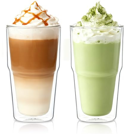 INSETLAN 2 Pack Double Walled Glass Cup, 470ml Insulated Coffee Cup for Coffee Tea Milk Juice Ice Cream Dessert, Borosilicate Glass Tumblers Heat Resistant, Ideal for Hot and Cold Drinks
