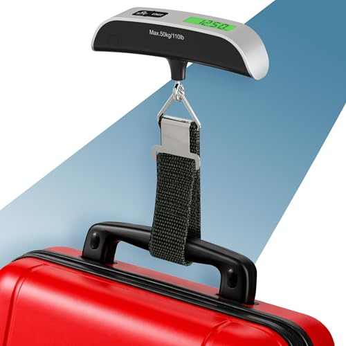 PORTENTUM Kofferwaage Digital Mit Haken mit LCD-Display – bis 50 kg – Automatische Gewichtssperre – Präzises Koffergewicht auf Reisen – Tragbare Gepäckwaage mit Temperaturanzeige – Urlaub Must Haves