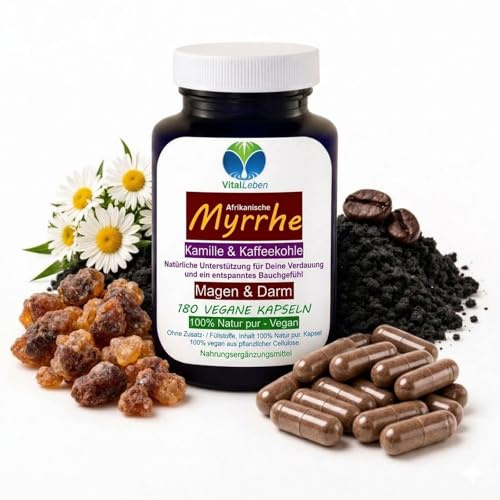 Myrrhe Kamille Kaffeekohle vegan 180 Kapseln für Verdauung, Magen-Darm-Balance, gutes Bauchgefühl, Darmflora, natürliche Darmgesundheit. Pflanzlich, ohne Zusatzstoffe 27415-180