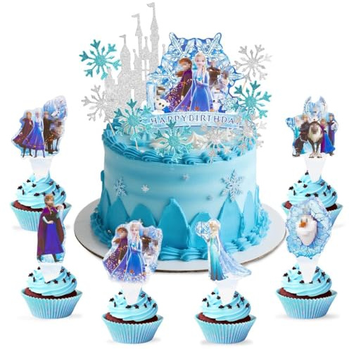 34 Stück Tortendeko Geburtstag, Prinzessin Kuchen Deko, Schneeflocken Cupcake Topper Kindergeburtstag für Mädchen, Themen Tortendekoration Cake Topper Set für Geburtstagsfeier