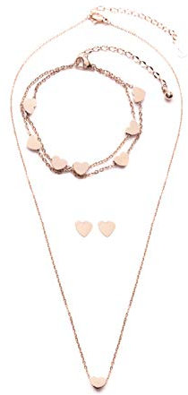 Happiness Boutique Damen Feines Schmuckset Roségold | Herz Ohrringe Filigrane Kette mit Herzanhänger und Mehrreihiges Armband 3-teiliges Set