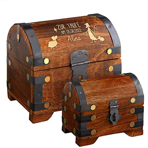 Casa Vivente Set zur Taufe, Große Geldschatztruhe mit Gravur aus dunklem Holz, Personalisiert mit Namen und Datum, Kleines Schmuckkästchen