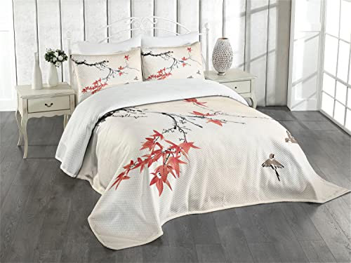 ABAKUHAUS japanisch Tagesdecke Set, Romantisches Frühlings-Thema, Set mit Kissenbezügen Ohne verblassen, für Doppelbetten 264 x 220 cm, Korallen schwarz