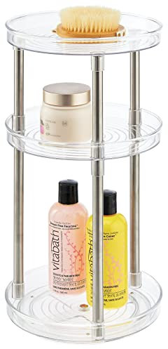 mDesign Rotatable Makeup Organiser with 3 Tiers – Vanity Tray for Lotions, Cosmetics and Medication – Round Three-Tiered Makeup Holder for Bathrooms – Clear