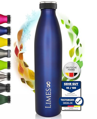 Limes 8® Bouteille Thermos en acier inoxydable 1L - Bouteille d’eau isolée, étanche, à double paroi isolante, adaptée aux boissons gazeuses pour le sport, travail et voyages (Bleu Saphir, 1000 ml)