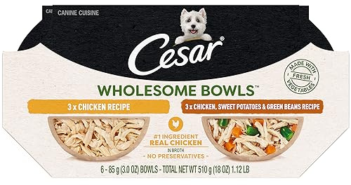 Cesar Wholesome Bowls Adult Wet Dog Food, Chicken Recipe and Chicken, Sweet Potatoes & Green Beans Recipe Variety Pack, Wet Food for Dogs, 3 Oz. Bowls, 6 Count