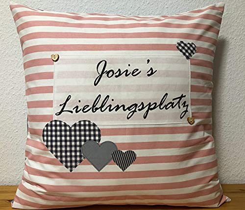 1 Kissenhülle, Kissenbezug,Landhausstil Kissen *Personalisierter Lieblingsplatz* rosa/weiß gestreift mit Herzen