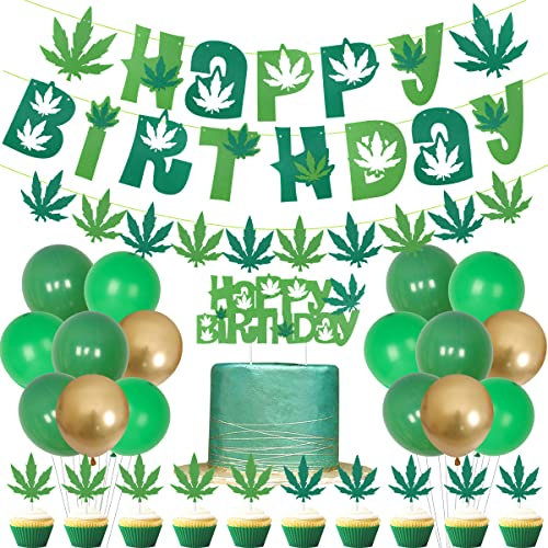 Dope Birthday Decorations Weed Happy Birthday Banner Felt Weed Leaves Themed Cake Topper Cupcake Picks for 420 Birthday Party Supplies