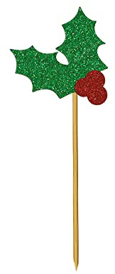Anniversary House 12 pcs Glitter Holly Leaf Christmas Cake Toppers, 3.5cm Cupcake Toppers, J112