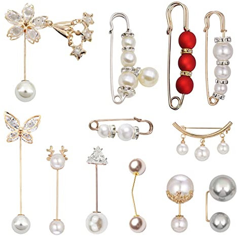 Mode Broche de Perle Simulée, XiXiRan 12 Épingles à Double Fausse Perle, Broche en Perle Artificielle, Épingle à Nourrice Avec Faux Strass et Perle, Broche Perle Femme, pour Vêtements, Foulard