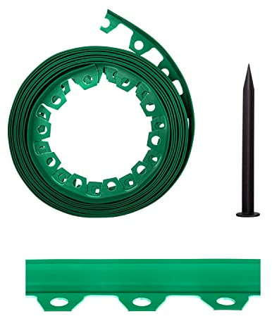 Lawn Garden Edging Border with Heavy-Duty Ground Stakes 32ft | 10m Green 6CM High Flexible Flower Bed Edge and Reinforced Plastic Pegs, Professional Landscape Dividers, All Weather Resistant