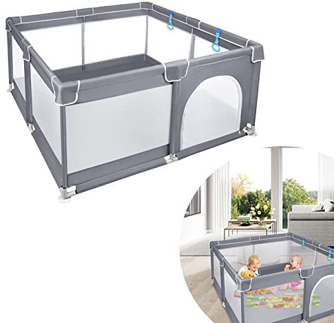 YUENFONG Laufstall Laufgitter Baby Absperrgitter, L Kleinkinder Sicherheitsspielplatz, Schutzgitter Krabbelgitter für Kinder, mit Rutschfester Basis atmungsaktivem Netz, Dunkelgrau, 127x127x68cm