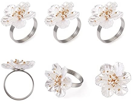 PandaHall 6 Stück weiße Blumen Serviettenringe mit Perlen Perlen Platin Floral Metall Serviettenringe Halter für Hochzeit Bankett Dinner Party Dekoration