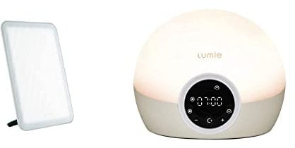 Lumie Vitamin L - Slim Light Box for Effective SAD Light Therapy & Bodyclock Spark 100 - Wake-up Light Alarm Clock with Sleep Sunset